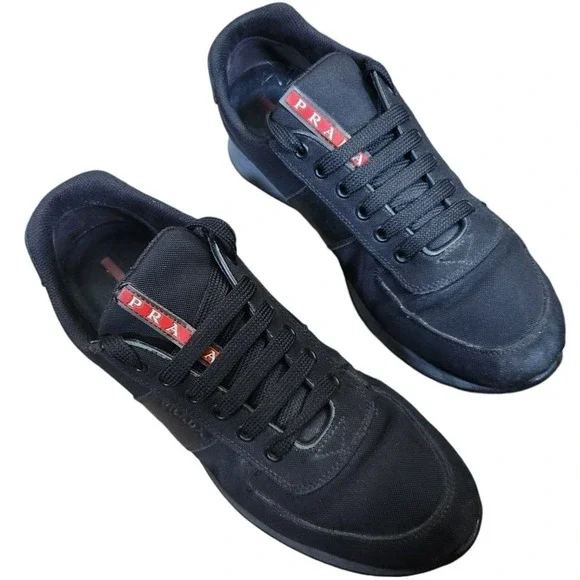 Prada Sneakers Match Race Shoes Men's US 8 UK 7 Black Leather 4E3341 - Picture 1 of 9